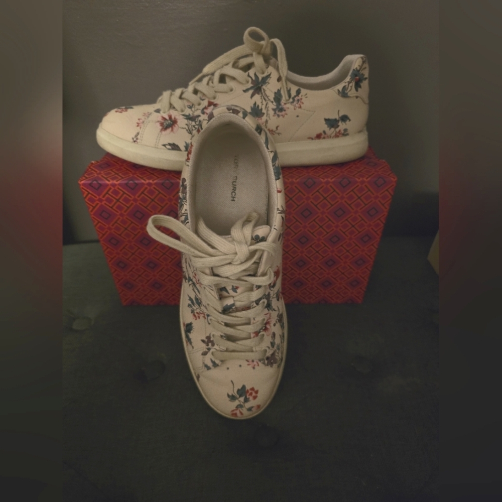 Leather Floral Sneakers - TORY BURCH